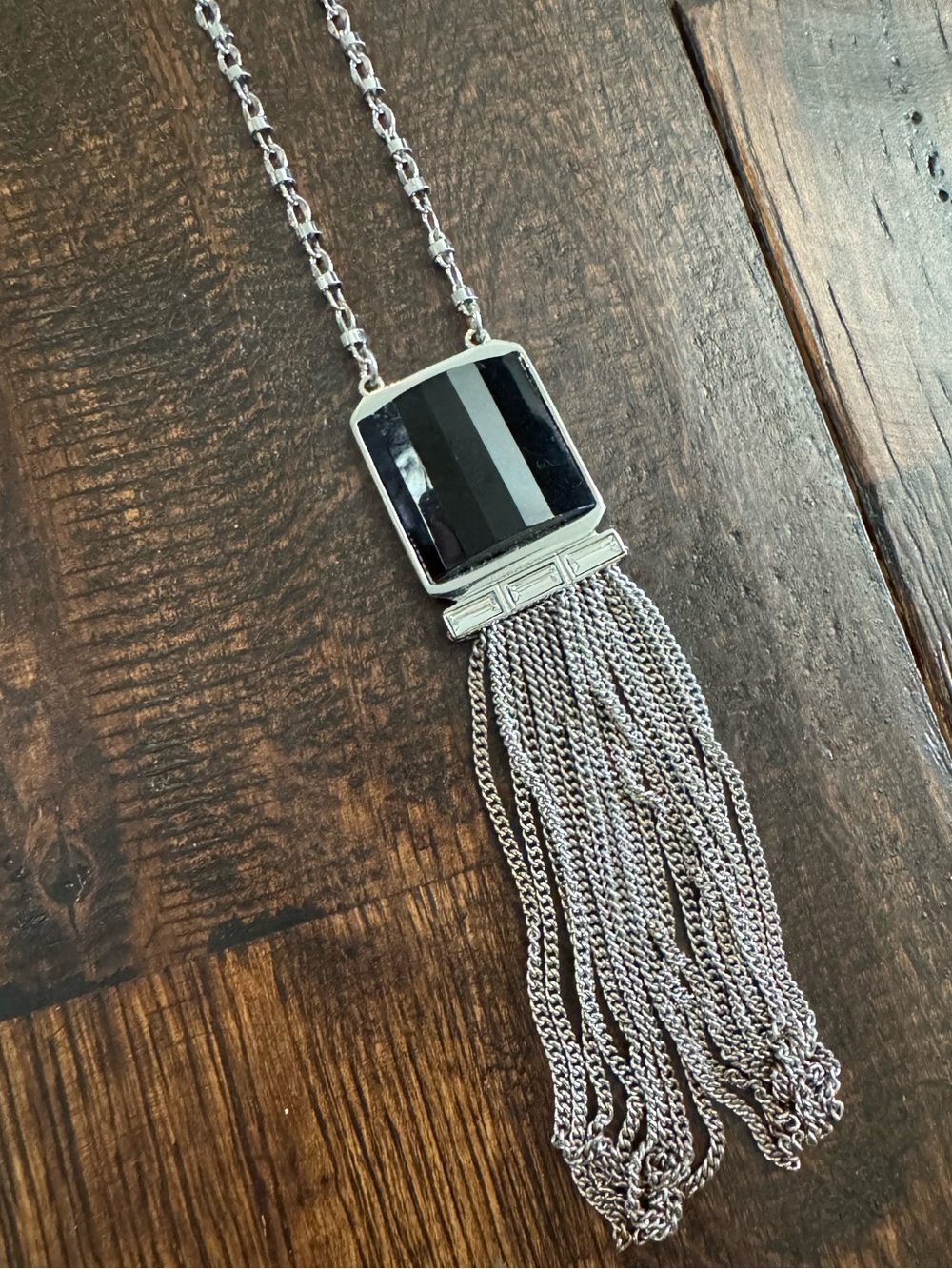 White House Black Market Silver Chain Tassel Necklace with Black Stone Pendant